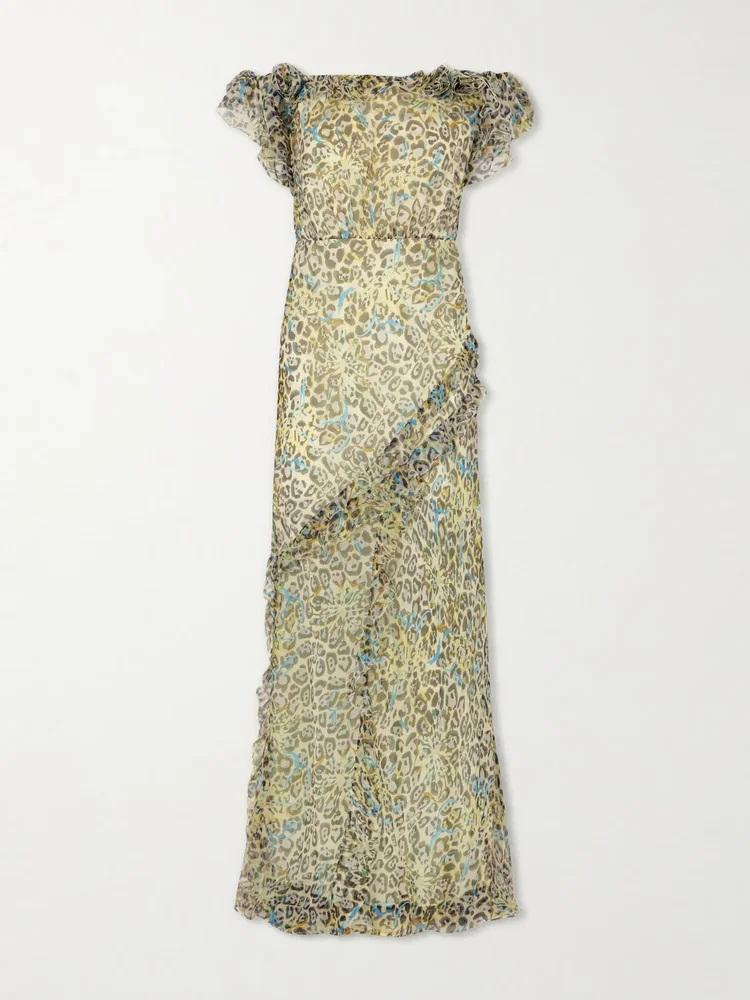 Nina off-the-shoulder ruffled printed silk gown