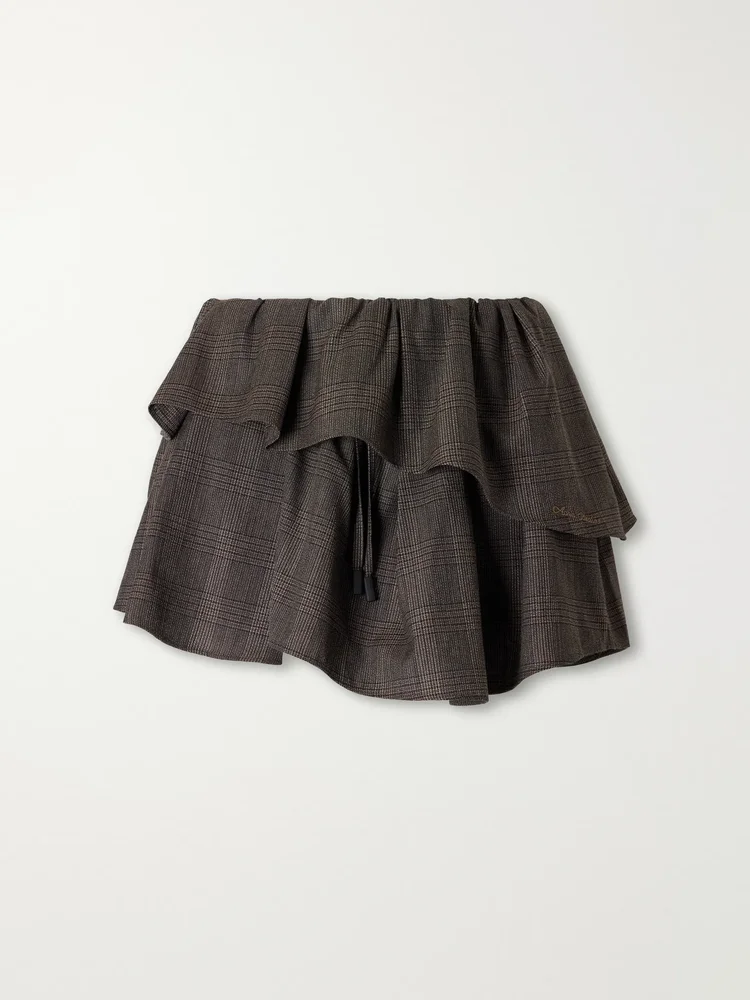 Checked logo-embroidered wool-blend mini skirt