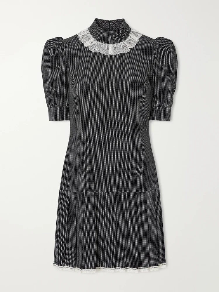 Pleated lace-trimmed polka-dot silk-crepe de chine mini dress