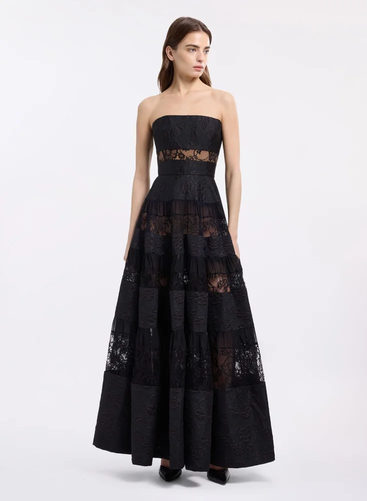 Strapless Brocade & Lace Long Dress