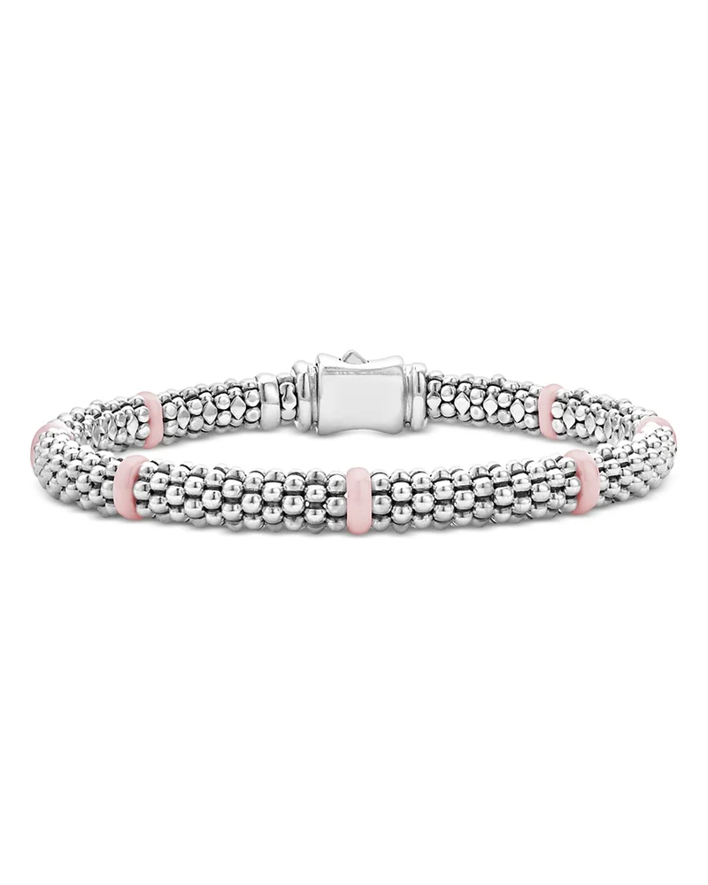Sterling Silver Pink Caviar Pink Ceramic Bead Link Bracelet