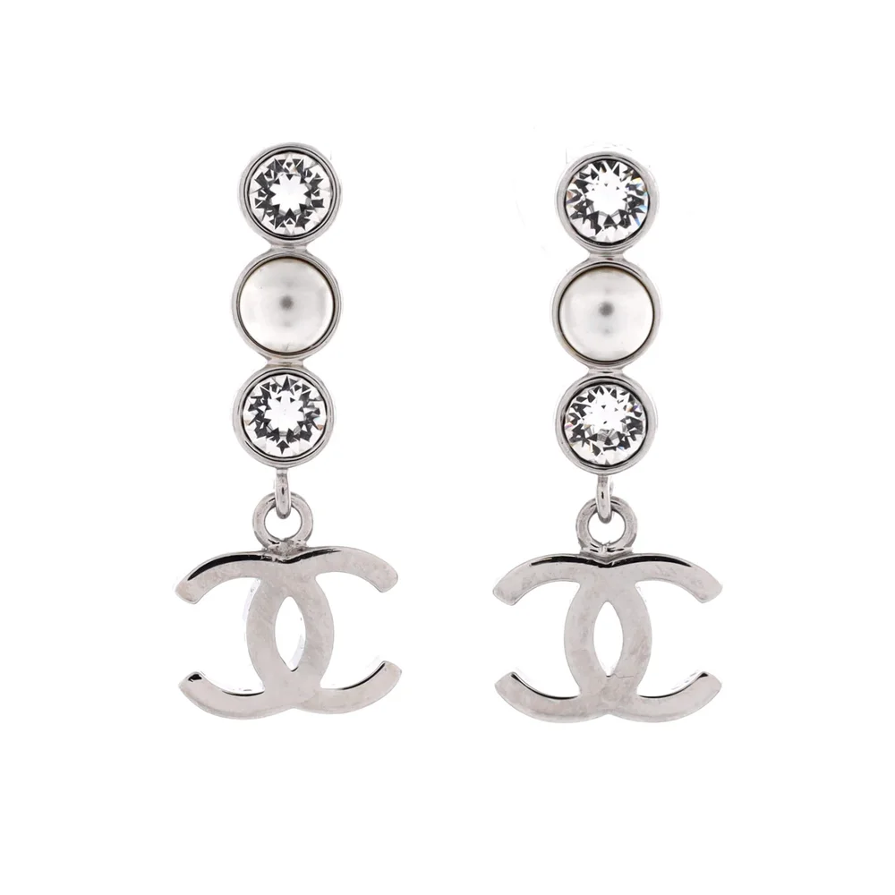 Pre-Owned CC Round Drop Dangle Earrings Metal with Crystals and Faux Pearls