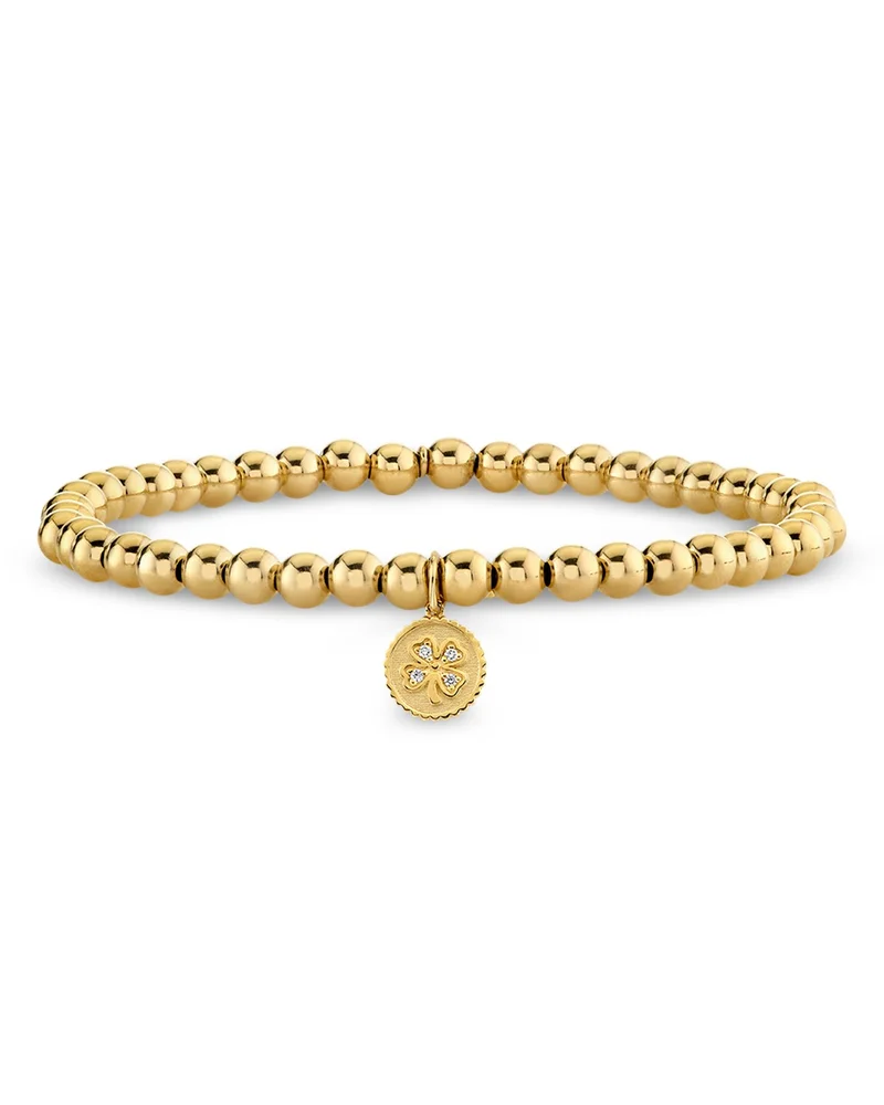 14K Yellow Gold Diamond Clover Charm Beaded Stretch Bracelet