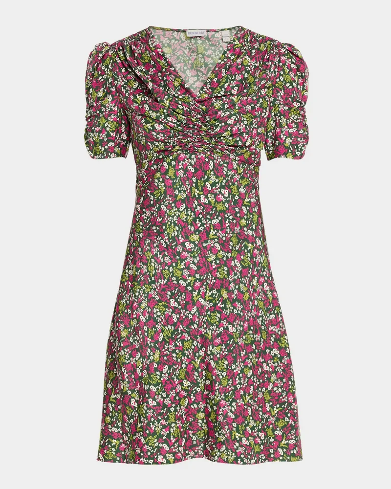 Jade Floral-Print Silk Ruched Short-Sleeve Mini Dress
