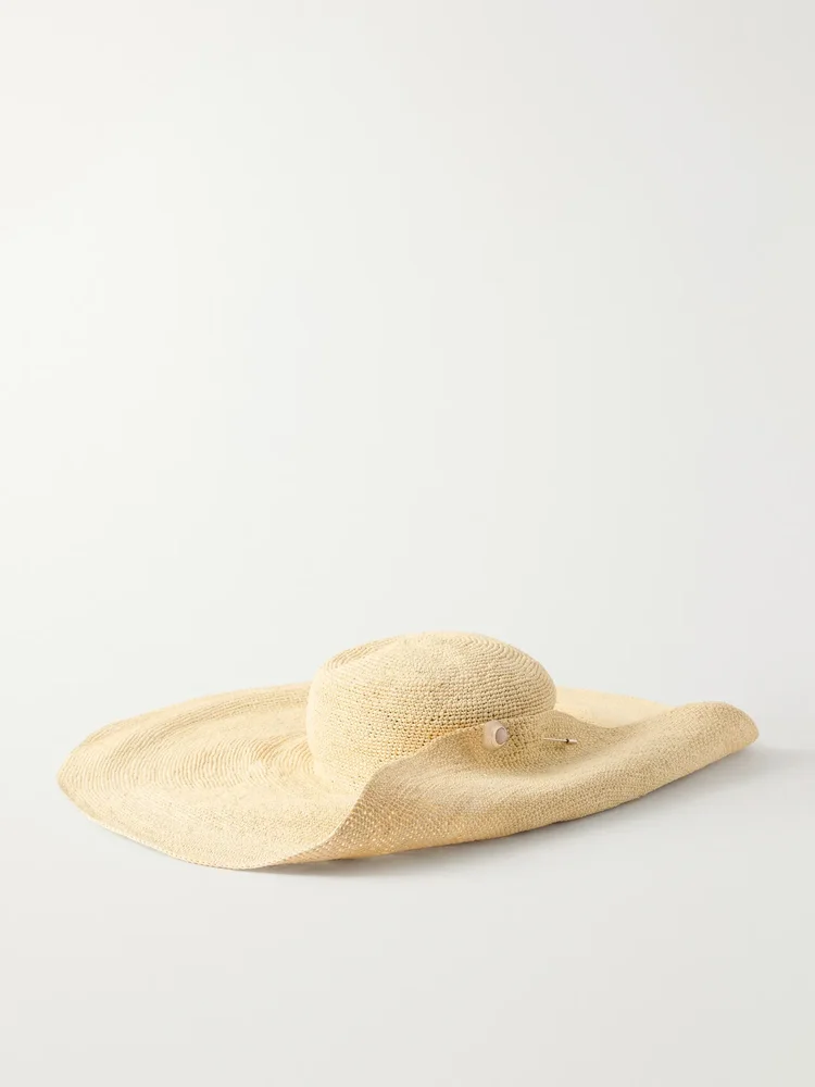 Cleo pin-detail straw-chrochet wide-brim hat