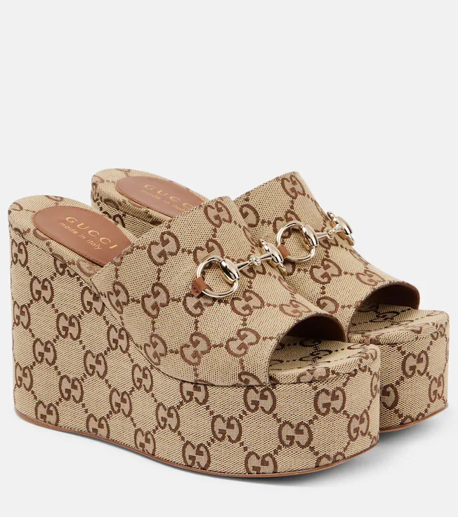 Horsebit GG Canvas wedge mules