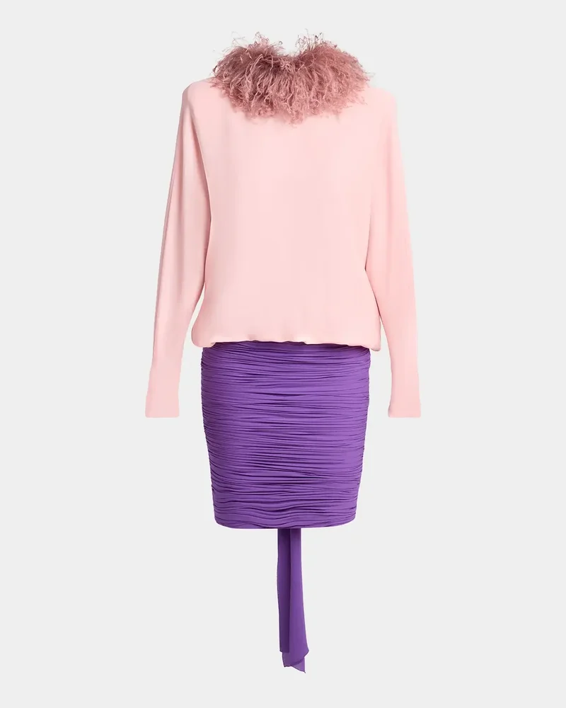 Feather-Collar Colorblock Silk Georgette Long-Sleeve Dress