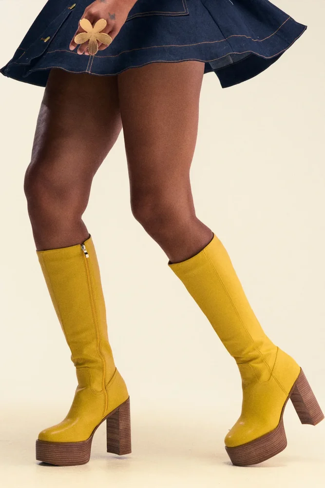 AZALEA WANG LANDRY YELLOW PU WOOD STACK PLATFORM BOOT