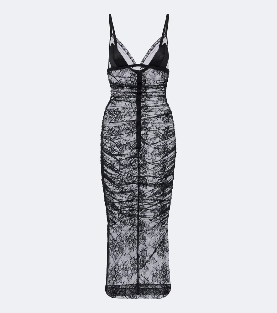 Ruched sheer lace midi dress