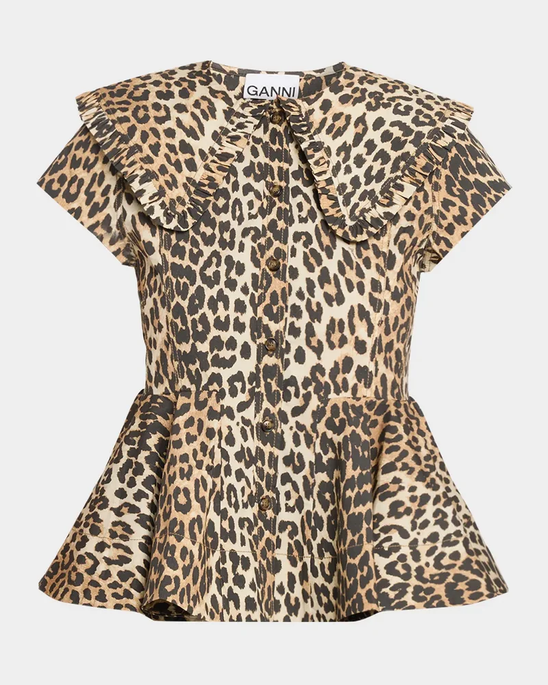 Leopard-Print Stretch-Cotton Peplum Top