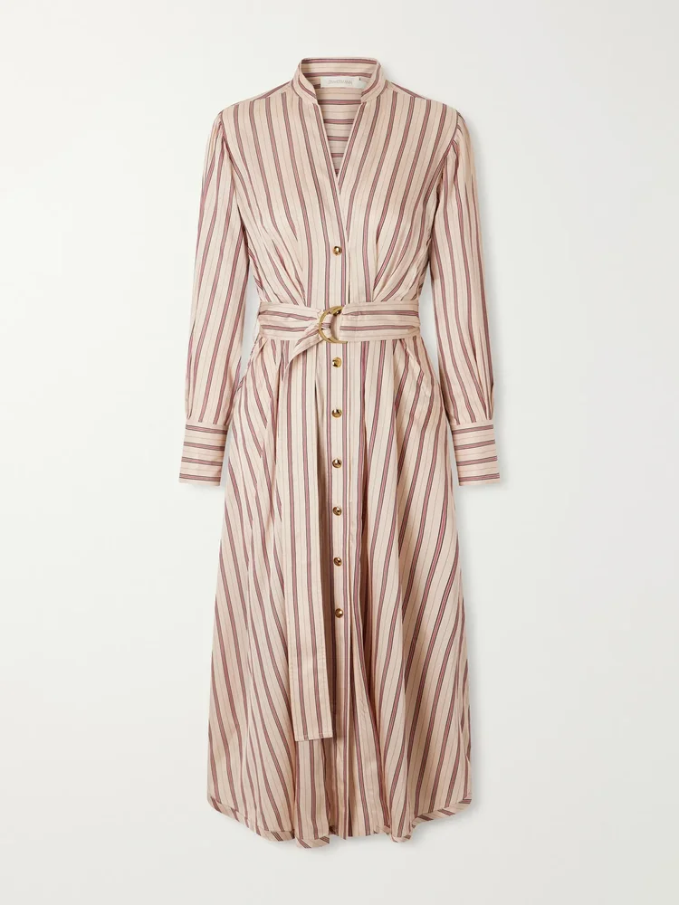 valiant belted striped satin midi dress