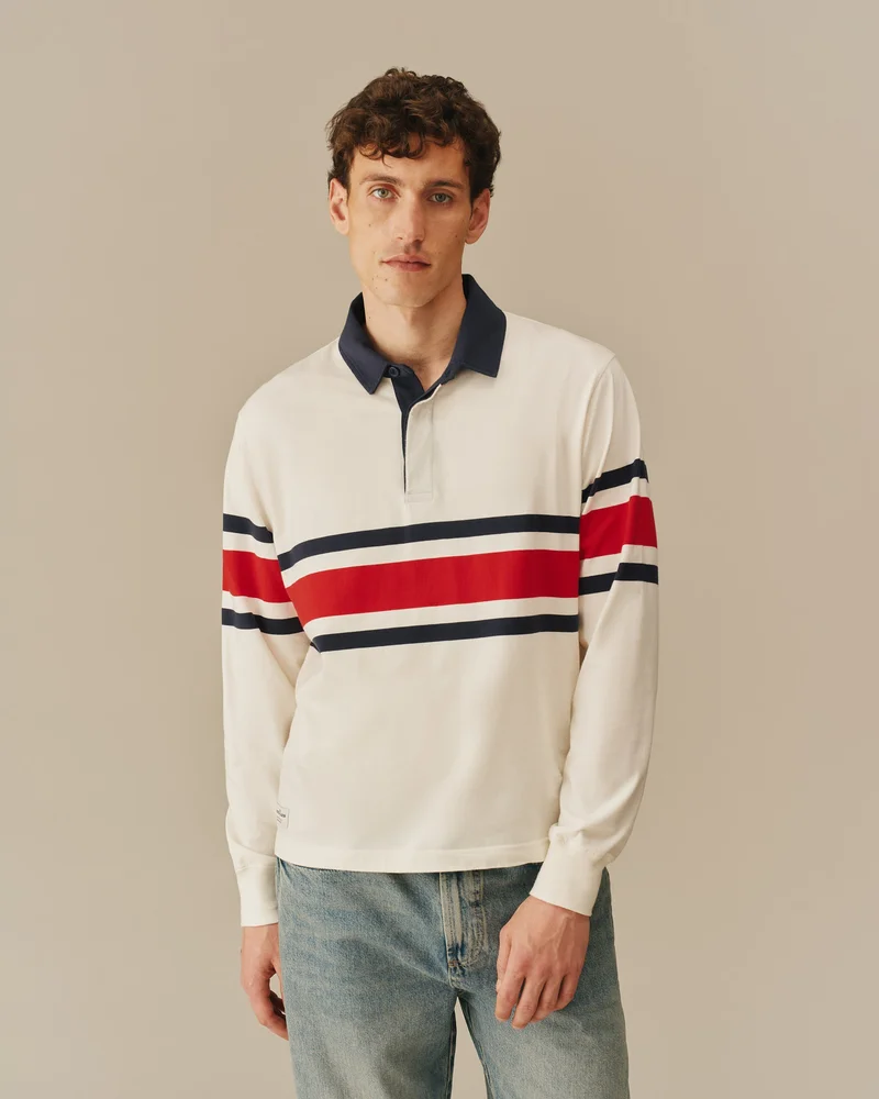 Cotton Center Stripe Pieced Rugby Red & Navy