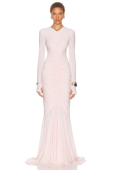 Long Sleeve V Neck Shirred Front Fishtail Gown