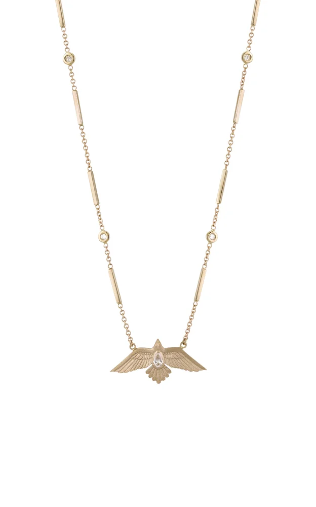 14k Yellow Gold Teardrop Dia Satin Tunderbird 4 Dia Bezel 14 Smooth Bar Necklace