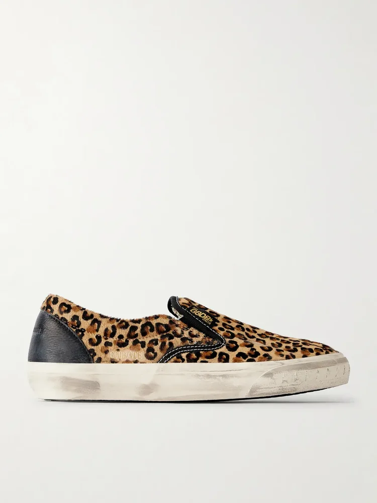 vce horsy distressed leather trimmed leopard print pony hair slip on sneakers