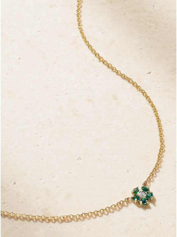 Mini Flower 18-karat gold, emerald and diamond necklace