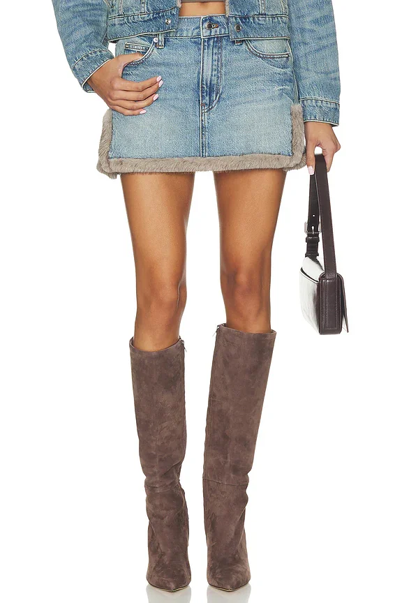 Denim Mini Skirt With Faux Mink Trim