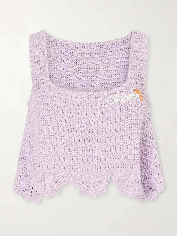 Cropped appliquéd crocheted cotton top