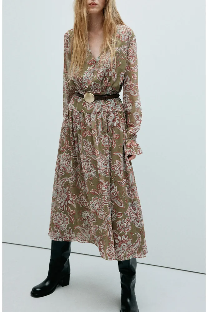 Floral Texture Long Sleeve Maxi Dress