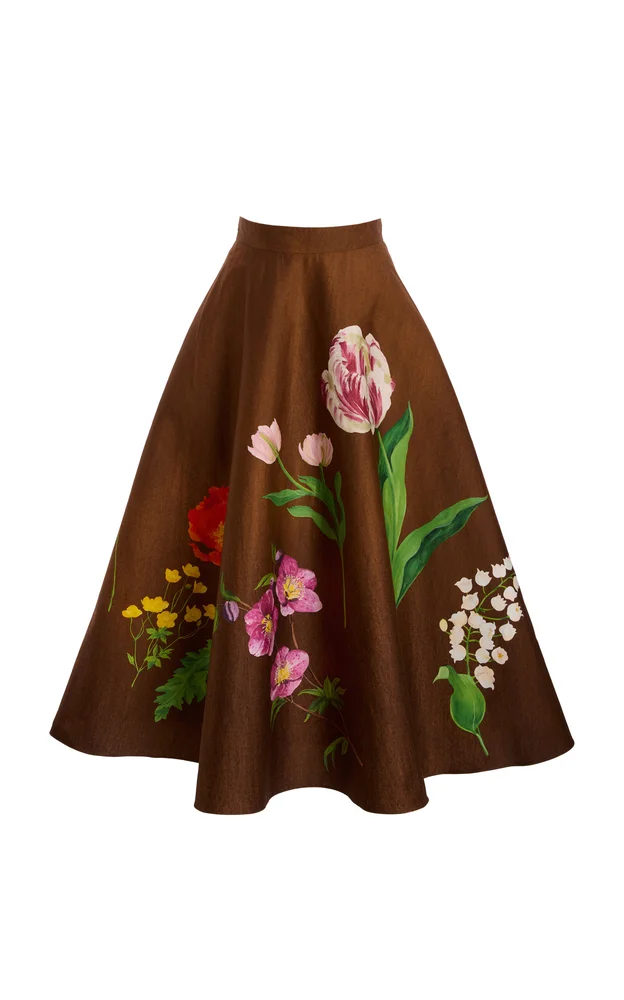 Botanical Stretch-Cotton Midi Circle Skirt