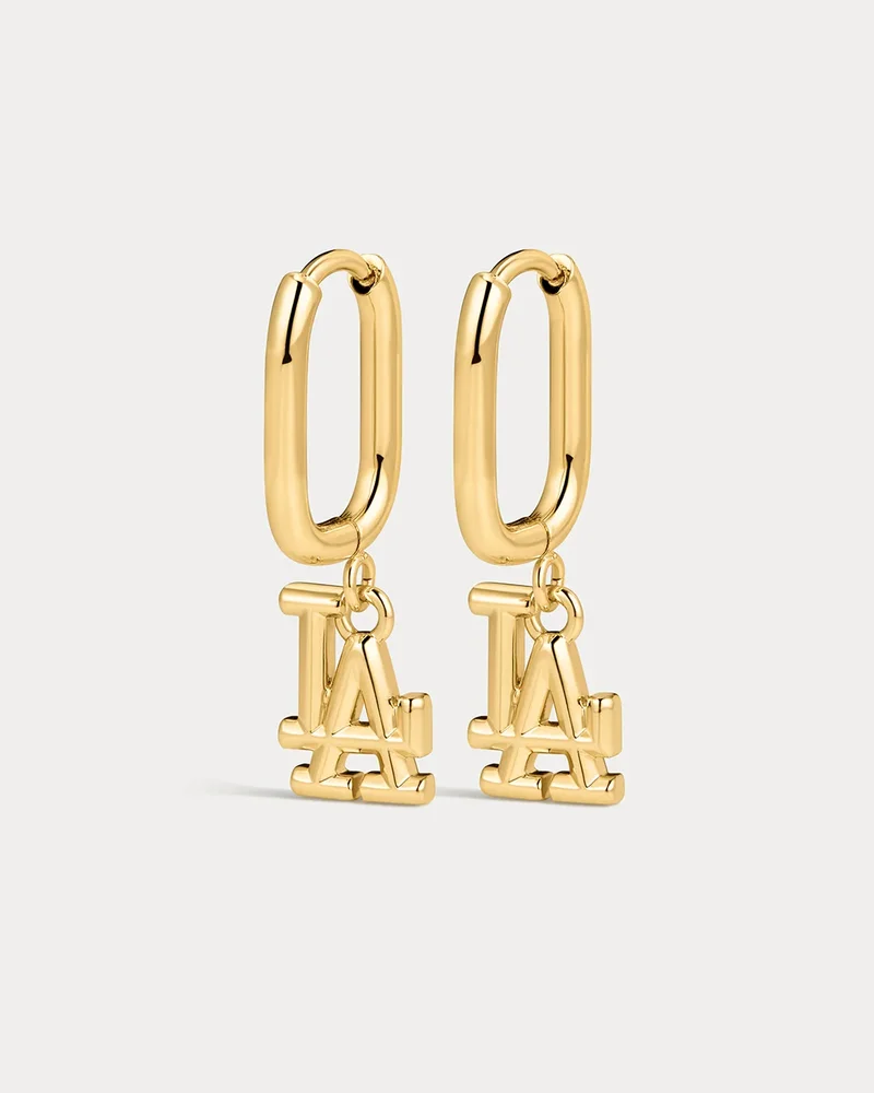 The MLB Logo Charm Oval Hoop Earrings- Gold