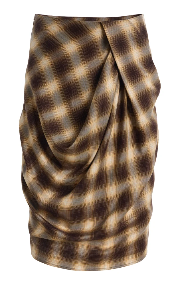 Draped Tencel Plaid Skirt