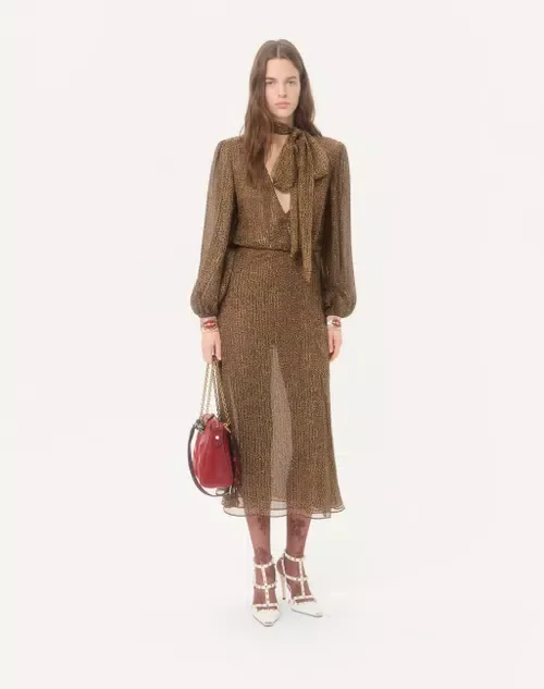 Creponne Lamé Dress With Embroidered Fauve Eclat Print