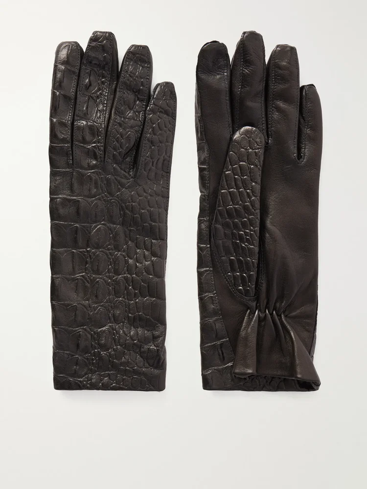 Croc-effect leather gloves