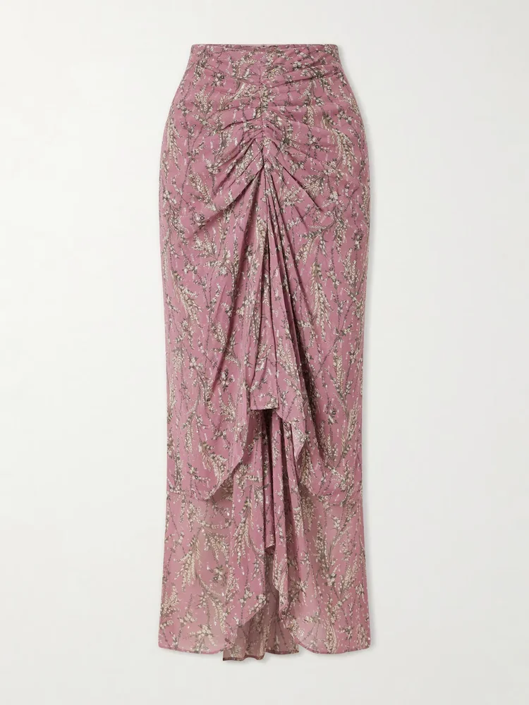 Sira ruffled floral-print metallic maxi skirt