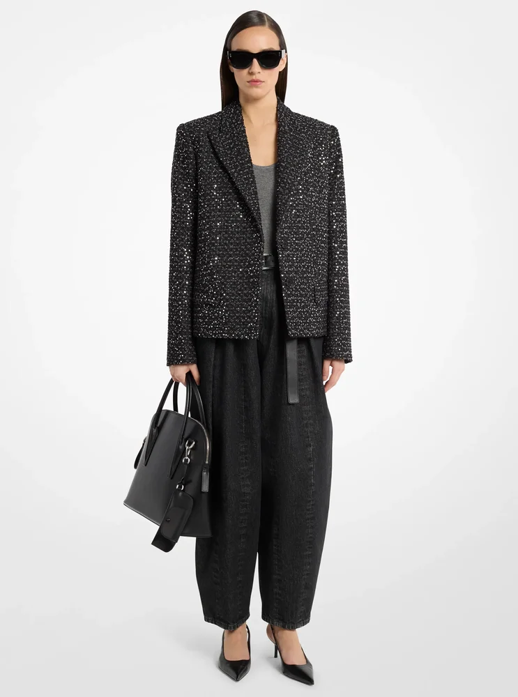 Sequined Denim Tweed Cropped Blazer
