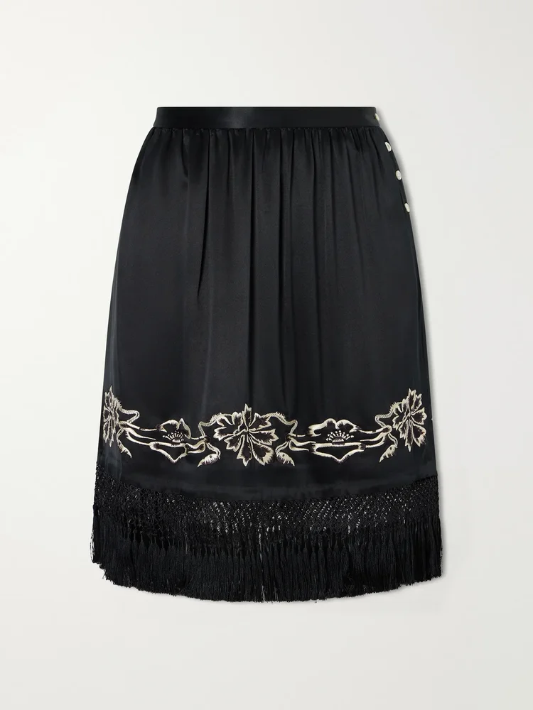 Phantasm fringed embroidered silk-satin mini skirt
