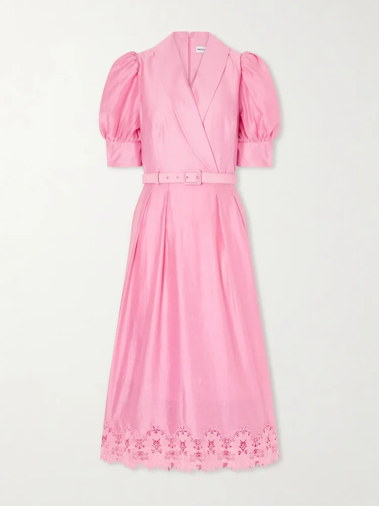 Petalite belted broderie anglaise-trimmed poplin midi dress