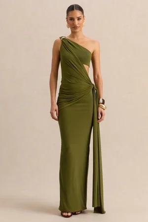 Clarosia | Green Asymmetric-Neck Maxi Dress With Cut-Out With Sash