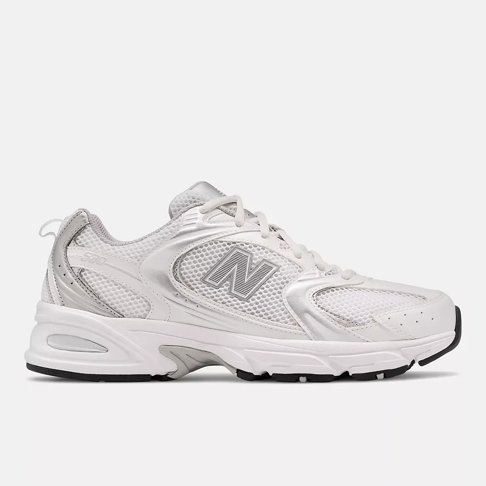 530 Sneaker in White and Silver Metallic
