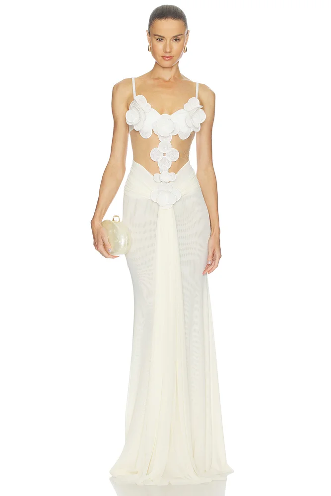 3D Flower Embroidered Mesh Gown