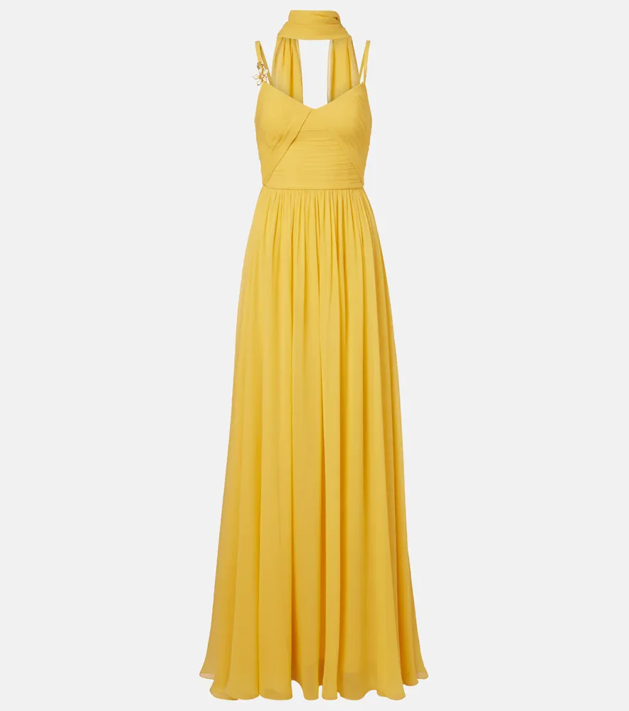 Embellished scarf-detail silk gown