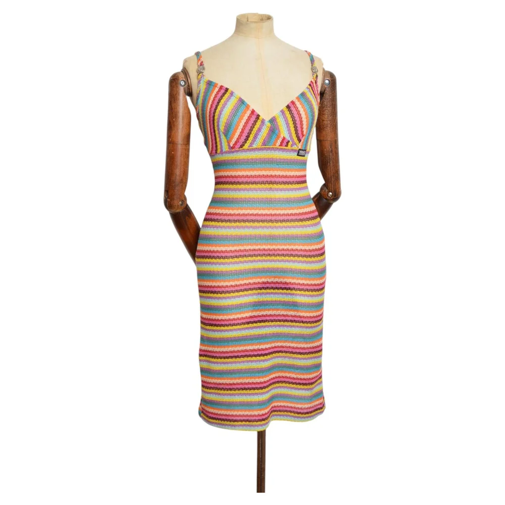 1990's Versace Colourful Rainbow striped Mesh Spaghetti Strap Slip Dress