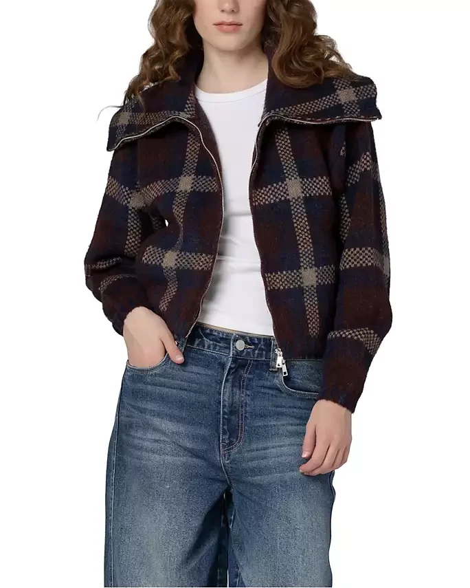 Plaid Funnel Collar Jacket