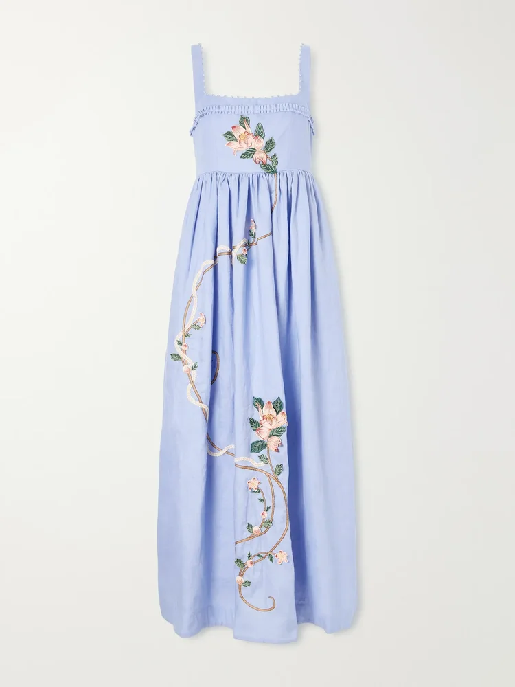 Barbara Navegante embellished appliquéd linen maxi dress