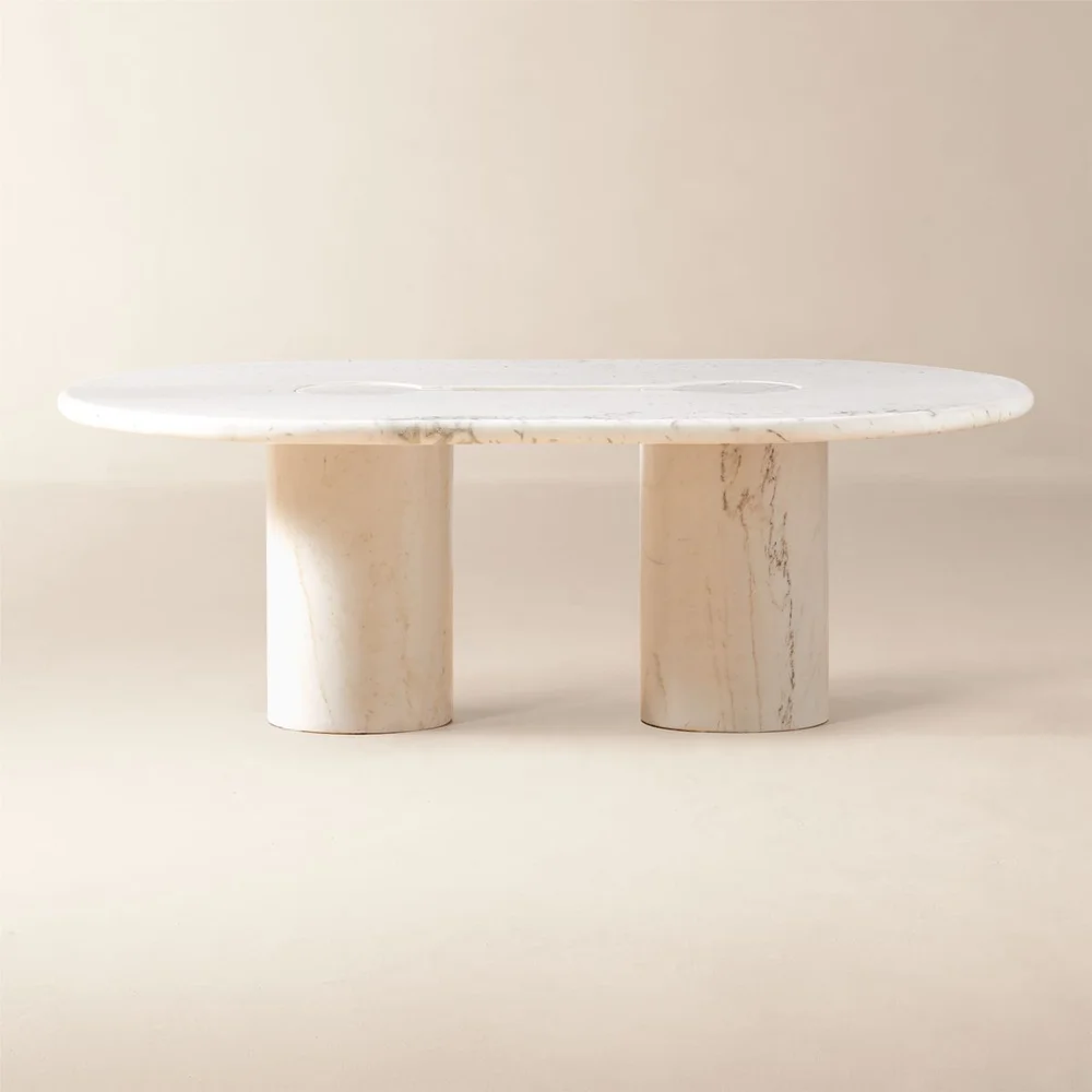 Liguria 51" Oval White Marble Coffee Table with White Marble Base