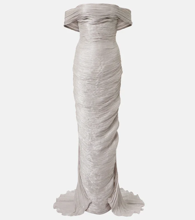 Off-shoulder pleated bustier gown