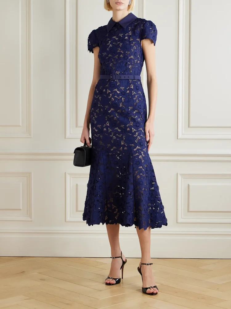 Belted guipure lace midi dress