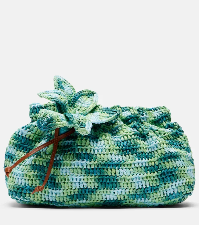 Calypso floral-appliqué raffia clutch