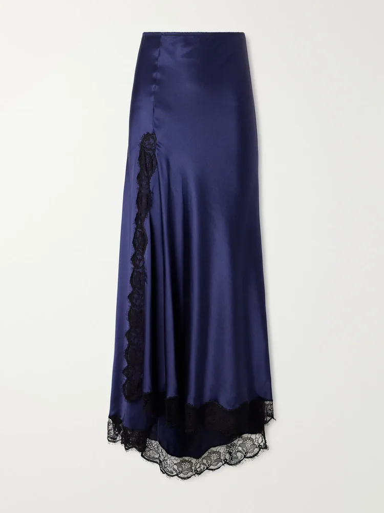 Alexandra lace-detailed silk-blend satin midi skirt