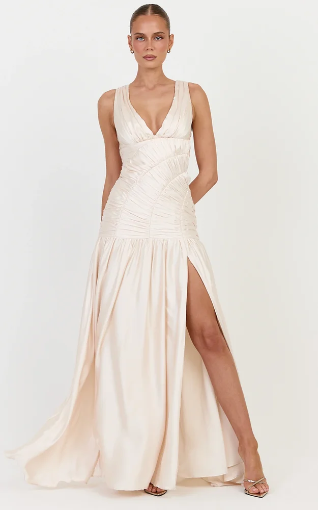 Alessandra Maxi Dress, Ruched Leg Split Dress in Champagne