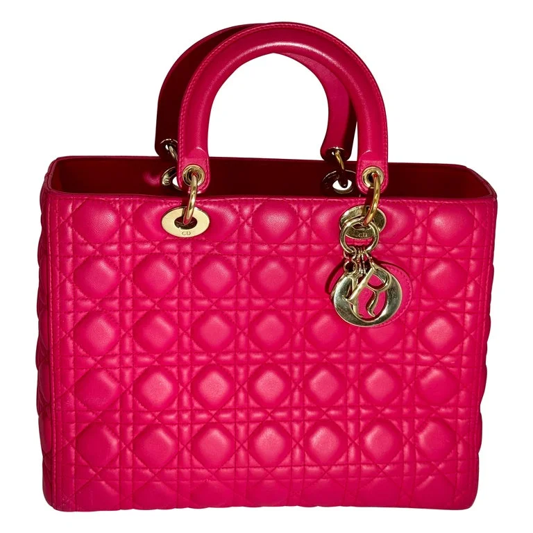 Christian Dior Lady Dior Large Lambskin Hot Pink / Fuschia Handbag, Excellent