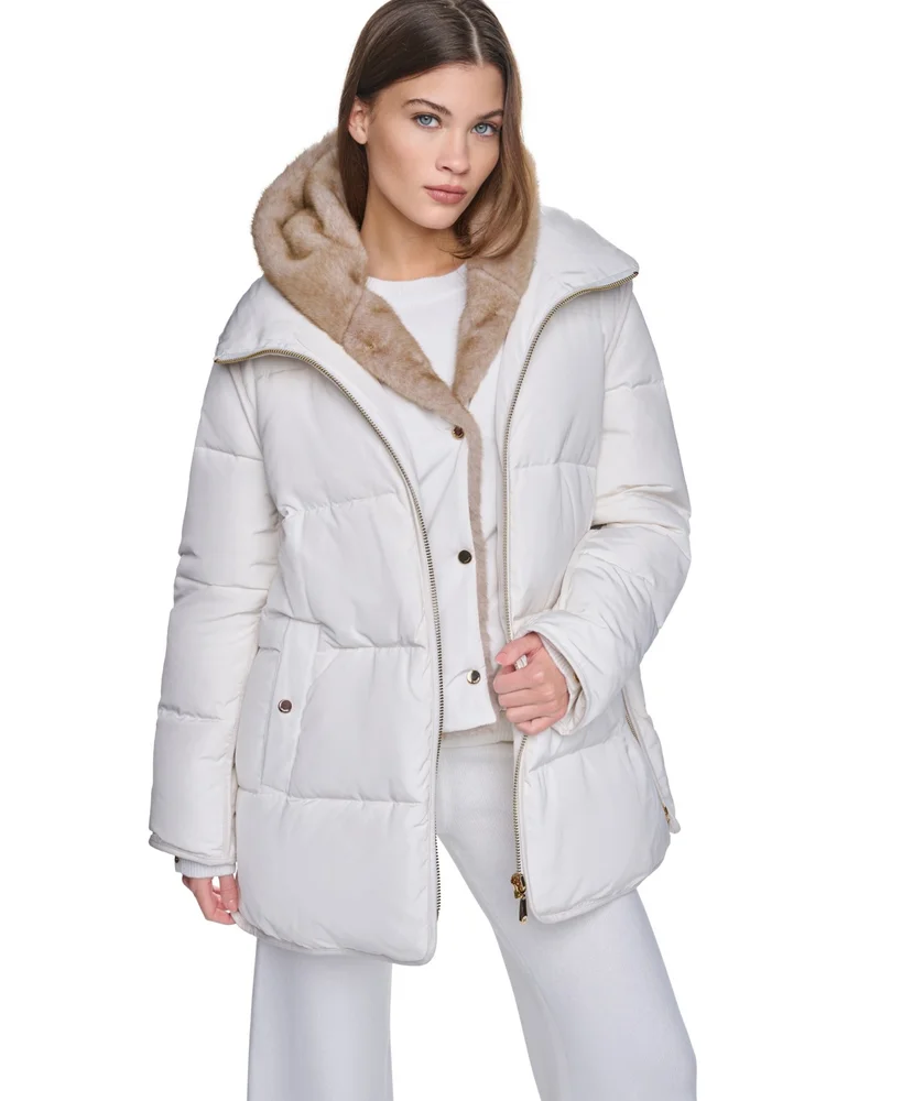 Women's Faux Fur Bibbed Hooded Puffer