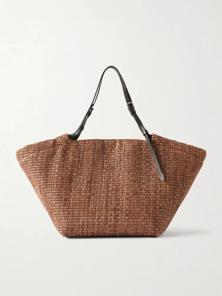 Leather-trimmed raffia tote