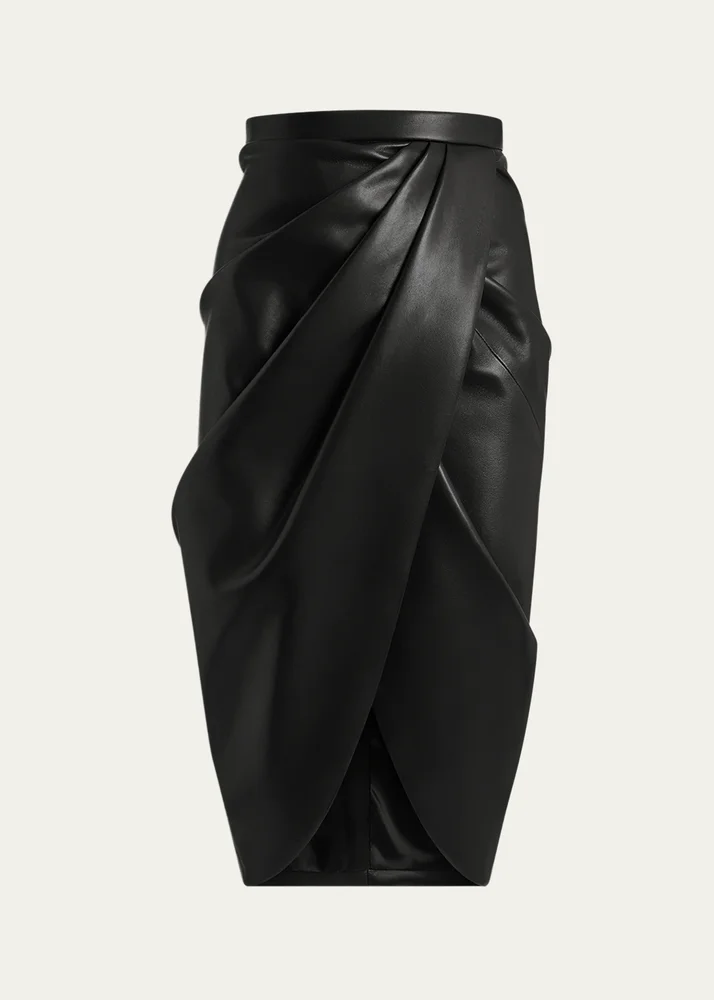 High-Waist Draped Lambskin Midi Skirt