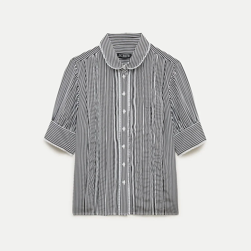 Lace-trim button-up top in striped crepe de chine